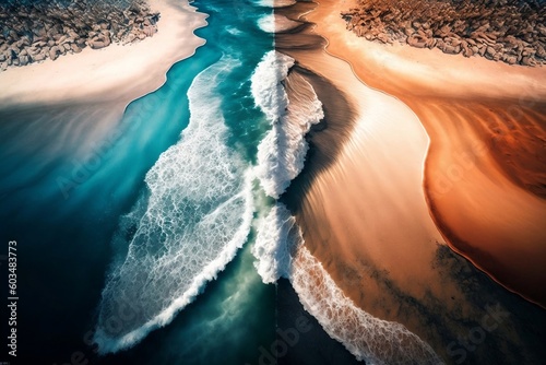 Fotótapéta Panoramic Aerial View: Harmonious Meeting of River and Sea Waves at High and Low