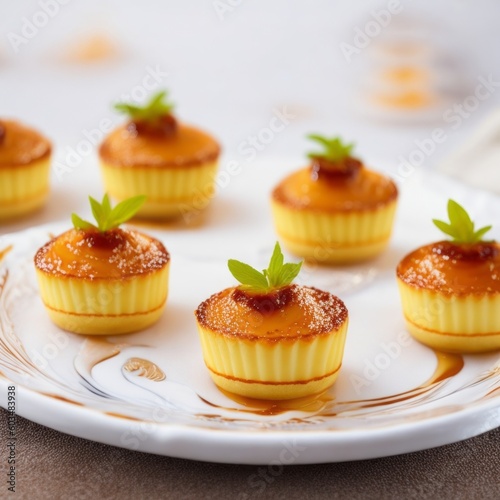 Creme Brulee Cupcake Decorated with flan and Mint - Generative AI