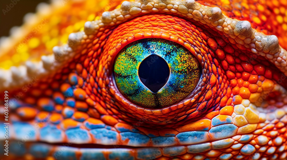 Obraz premium Beautiful eye portrait of a majestic lizard, Generative AI