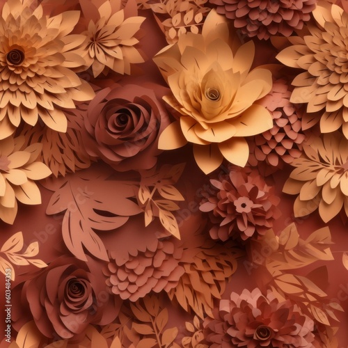Digital illustration of a seamless tile pattern, colorful paper flowers, autumn palette, square orientation, generative AI 