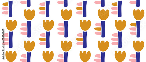 Hand Drawn Irregular Floral Seamless Vector Pattern. Golden Orange Tulips and Royal Blue Leaves Isolated on a White Background. Simple Abstract Garden Repeatable Design. Floral Endless Print.