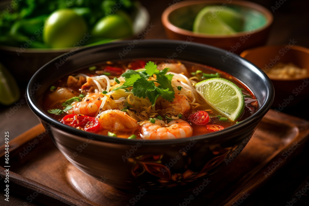 A bowl of Thailand noodle soup, Guay Teow soup. Generative AI