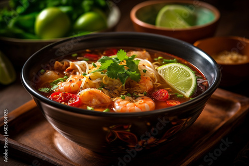 A bowl of Thailand noodle soup, Guay Teow soup. Generative AI