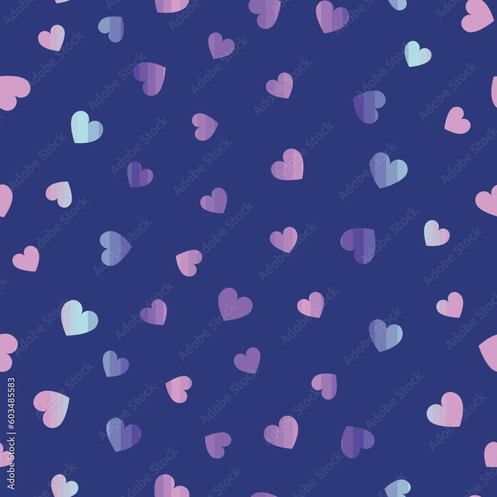Blue bright flowers seamless vector pattern. Hearts in purple, blue, and pink. Blue bright flowers seamless vector pattern. Hearts in purple, blue, and pink.