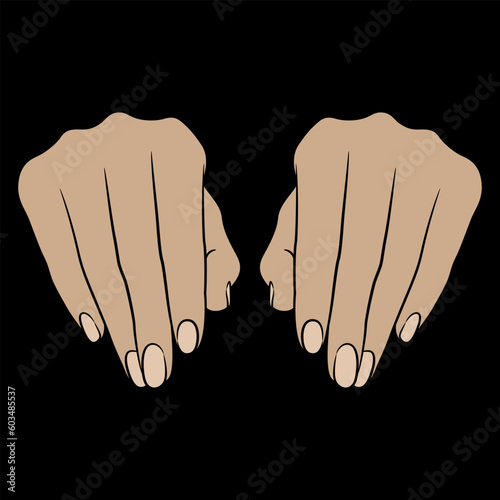 Front view of two beautiful female hands. Typing gesture. Manicure template. Cartoon style. On black background.