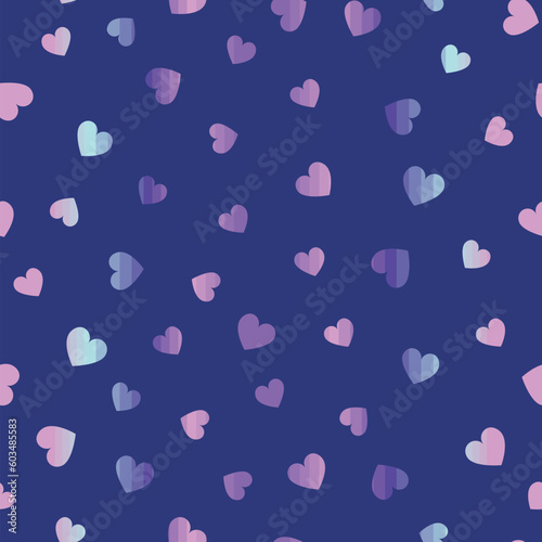 Blue bright flowers seamless vector pattern. Hearts in purple, blue, and pink.