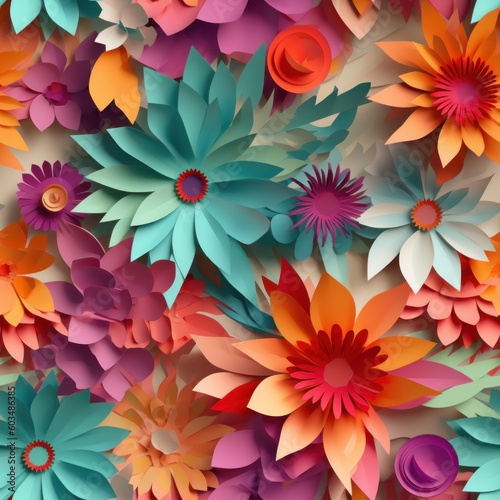 Digital illustration of a seamless tile pattern, colorful paper flowers, vibrant palette, square orientation, generative AI  © Carl & Heidi