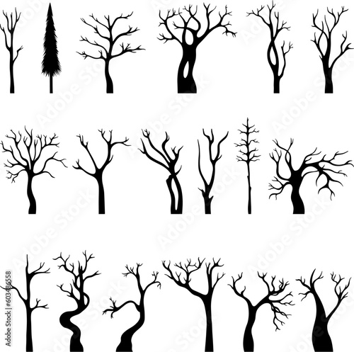 Black naked tree silhouettes, isolated winter flat trees. Dead dry branch, trunk marple or oak. Abstract fall forest, neoteric vector nature set