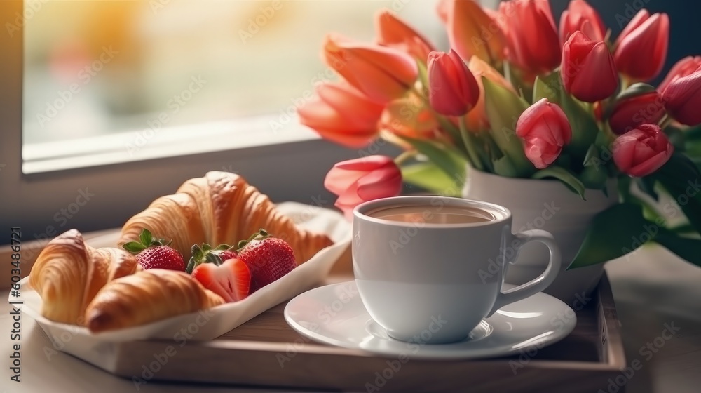 Beautiful breakfast, lunch with cup of coffee and fresh croissants, tulips Illustration AI Generative. Beautiful breakfast, lunch with cup of coffee and fresh croissants, tulips Illustration AI Generative.