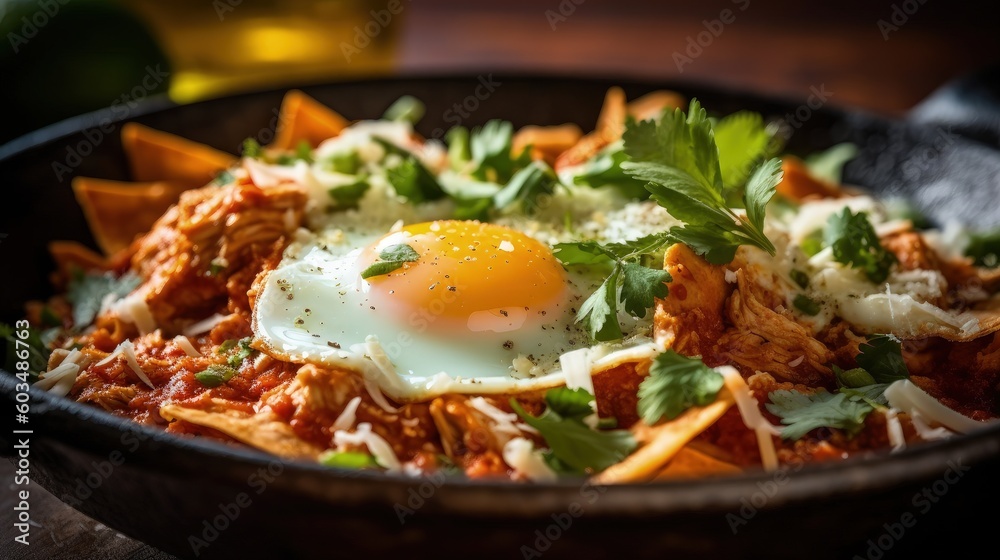 Mexican chilaquiles with fried egg, chicken and spicy green sauce Illustration AI Generative. Mexican chilaquiles with fried egg, chicken and spicy green sauce Illustration AI Generative.