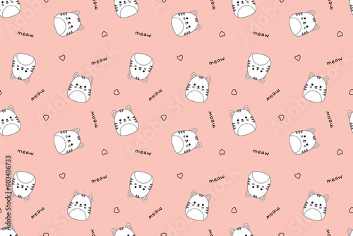 Pink seamless pattern with white kawaii kittens. Squishmallow. White kittens. Kawaii, Vector photo