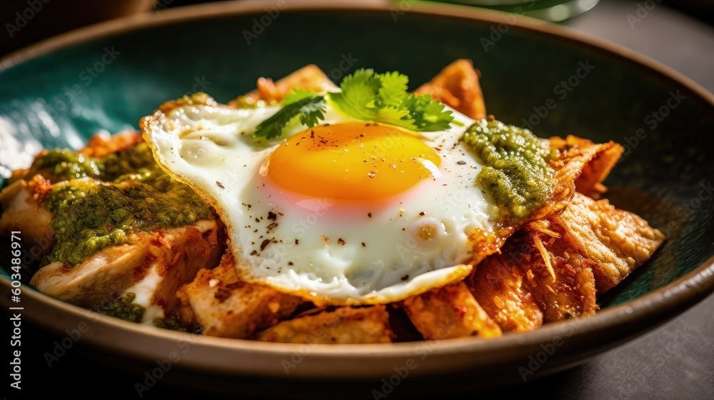 Mexican chilaquiles with fried egg, chicken and spicy green sauce Illustration AI Generative.
