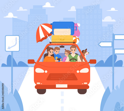 Family car trip, dad drive transport on road. Tourists ride with luggage on holidays or summer weekend. Adventures, fun journey snugly vector scene