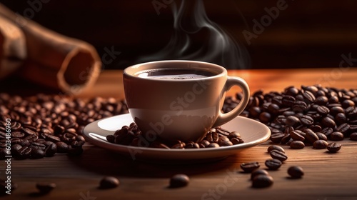 Coffee beans and a cup of black coffee on a wooden table Illustration AI Generative.