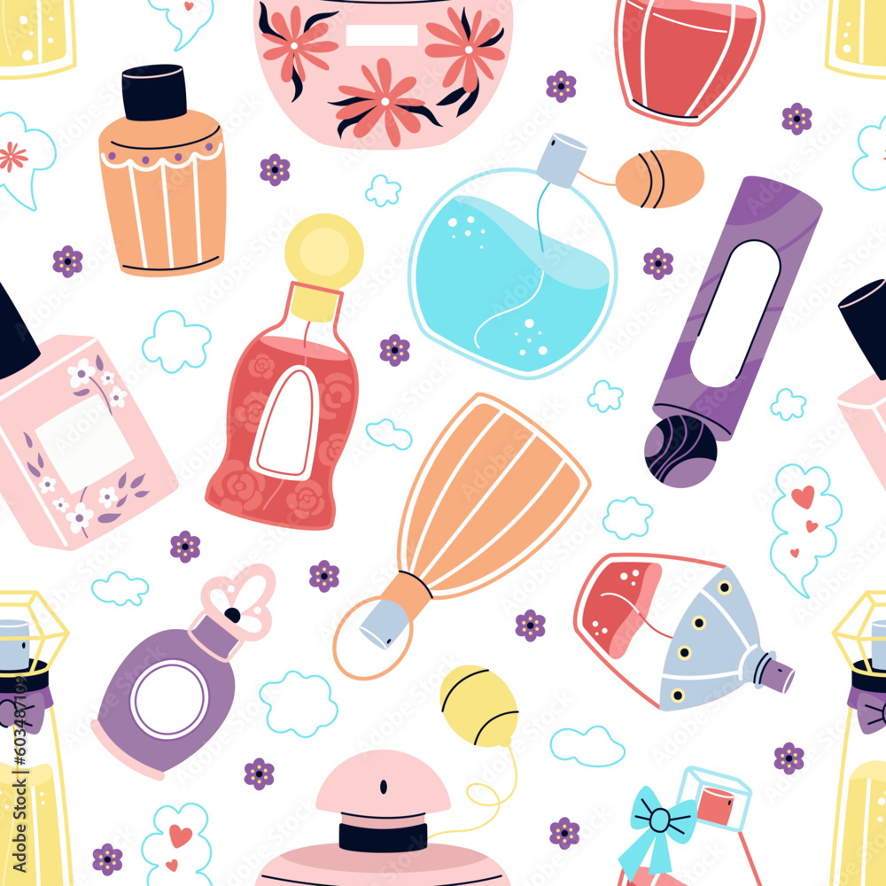 Perfume packaging seamless pattern. Fragrance bottles texture, cosmetic bottle lady fabric print. Retro perfumes decent vector background Perfume packaging seamless pattern. Fragrance bottles texture, cosmetic bottle lady fabric print. Retro perfumes decent vector background