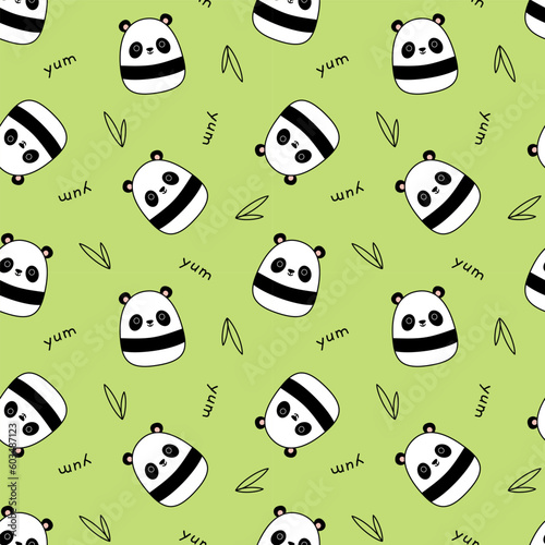 Green pattern with panda. Yum. Squishmallow. Background with panda. Kawaii, vector photo