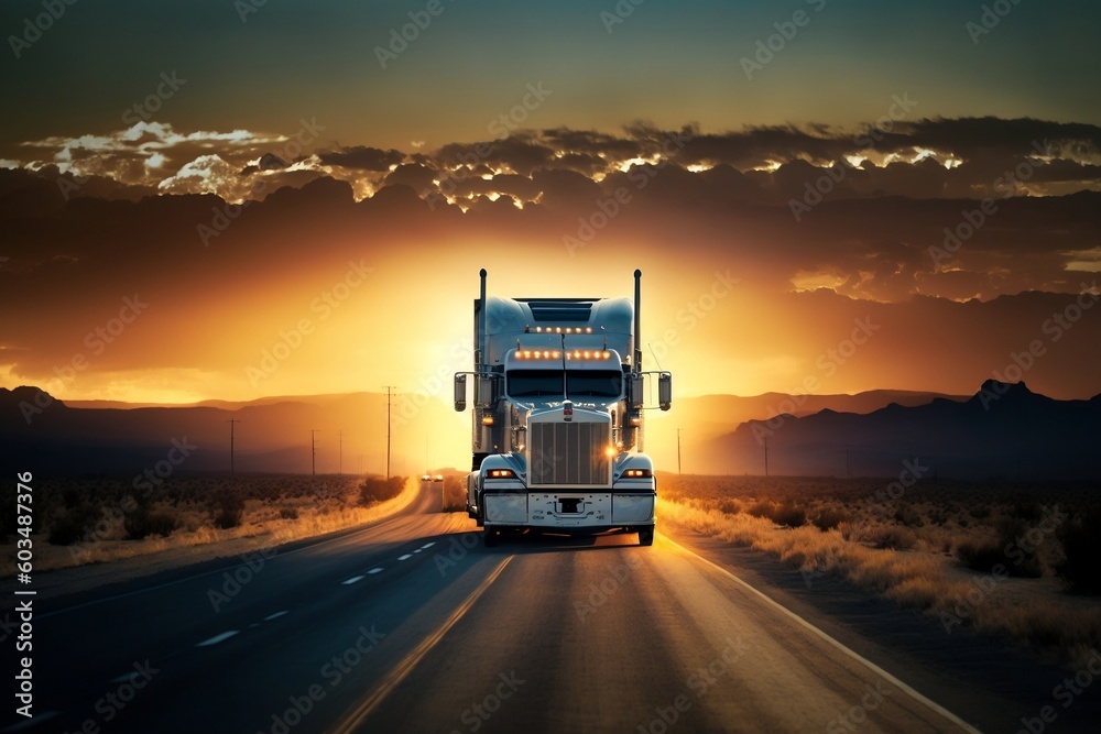 Sunset Drive White Truck Cruising Along the Highway. AI