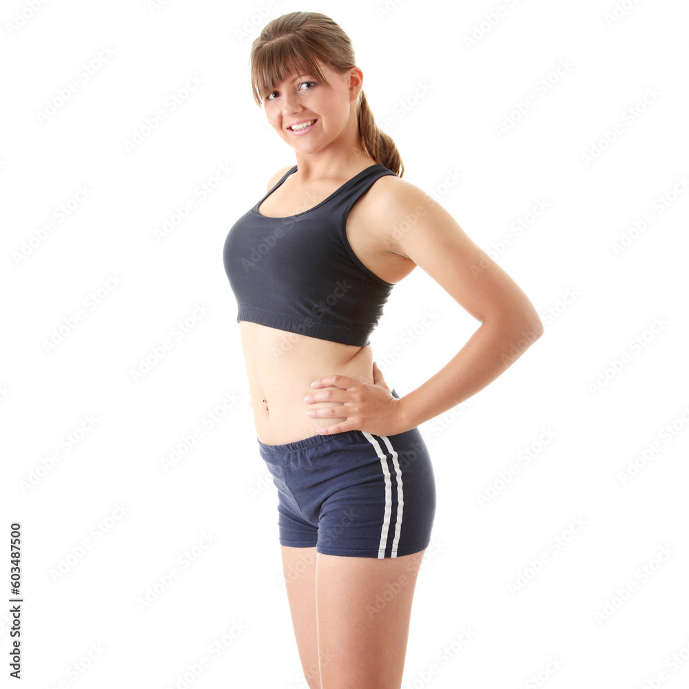 Relaxed fit woman doing exercise, isolated on white background. Relaxed fit woman doing exercise, isolated on white background.