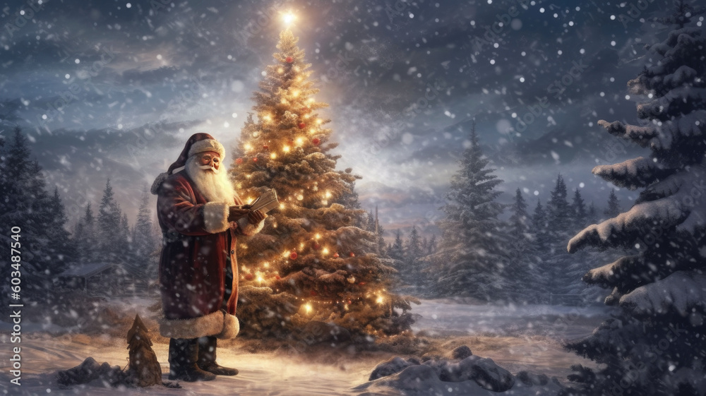 Obraz premium Santa claus with gifts at the christmas tree in the night forest. Copyspace. Generative AI