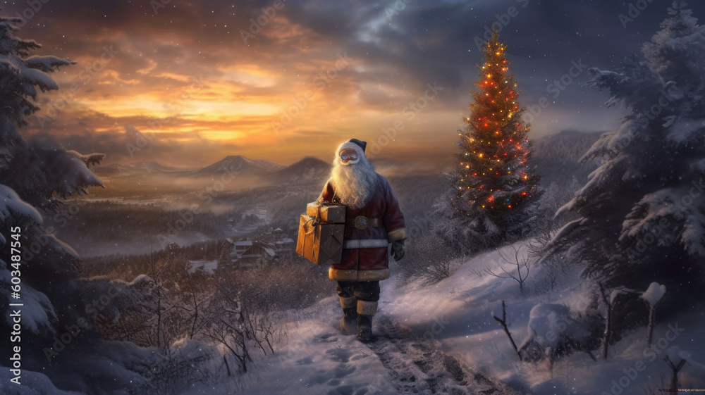 Santa claus with gifts at the christmas tree in the night forest.  Copyspace. Generative AI