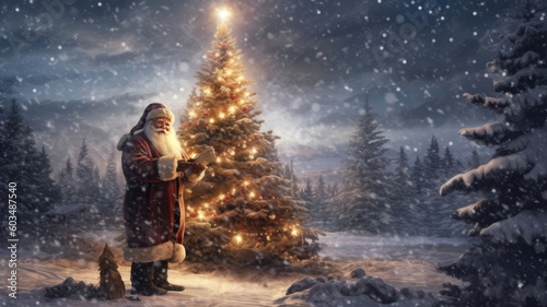 Santa claus with gifts at the christmas tree in the night forest. Copyspace. Generative AI