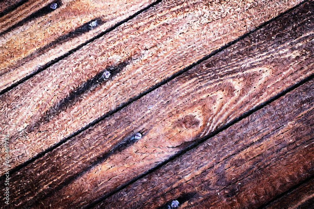 Obraz premium Deski drewniane w brązowych kolorach z widocznymi gwoździami ułożone ukośnie - cyfrowo wygenerowany efekt rozlanej farby - tło, tapeta, tekstura