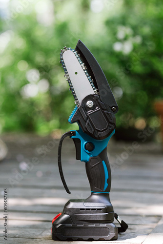 Obraz na plátně mini portable electric chain saw on summer garden background