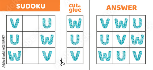 Easy sudoku with three blue letters U, V, W. Game puzzle for little kids. Cut and glue. Doodle