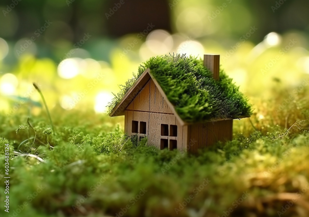 Eco model of house as symbol on sunny forest background, AI Generated Eco model of house as symbol on sunny forest background, AI Generated