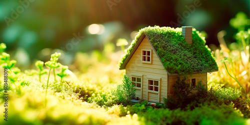 Eco model of house as symbol on sunny forest background, AI Generated