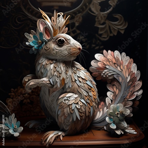 Paper quilling art of a squirrel with some flowers photo