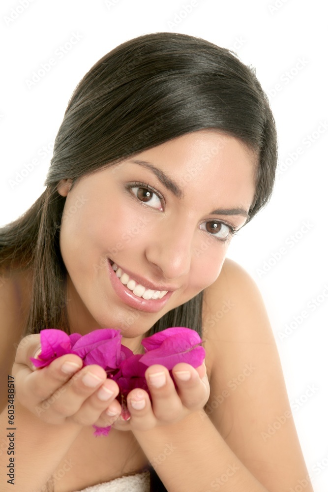 Beautiful indian woman portrait with bougainvilleas flowers over white Beautiful indian woman portrait with bougainvilleas flowers over white