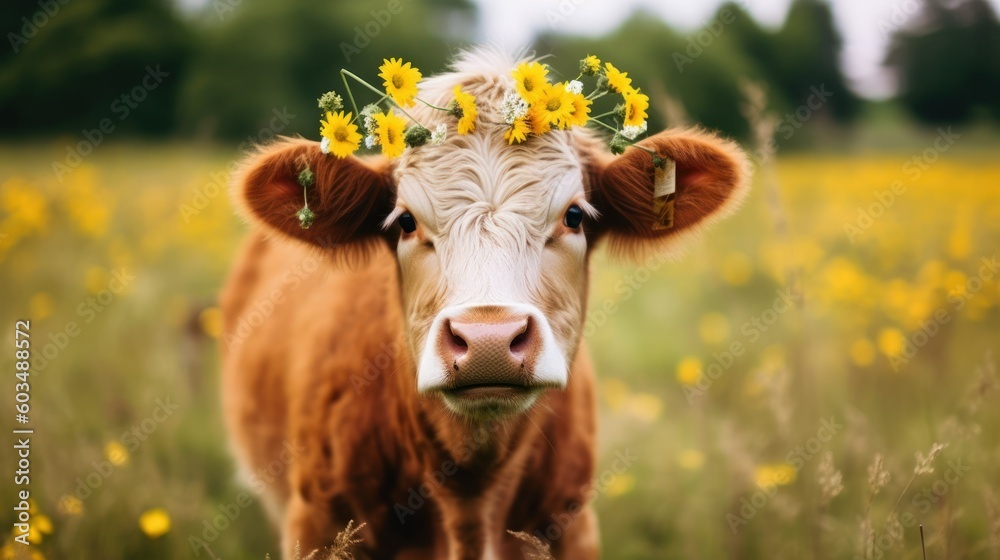 Brown cow wearing wreath of flowers on its head