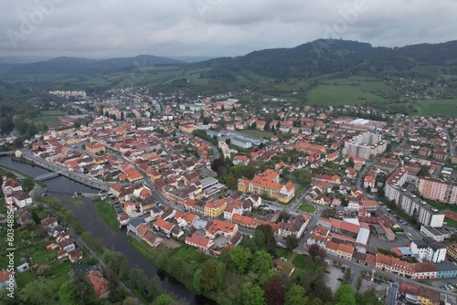 Susice historical town aerial panorama landscape view,aerial cityscape Sumava mountains region,Czech republic,Europe photo