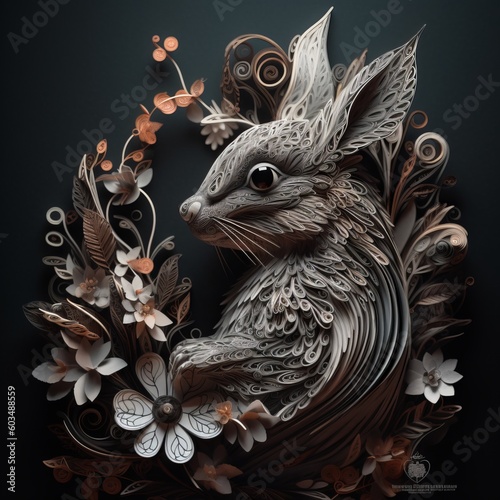 Paper quilling art of a squirrel with some flowers photo