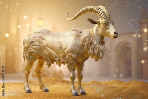 Golden goat, Eid-al-Adha and Ramadan, Eid Mubarak concept. Muslim Holidays. Generative Ai