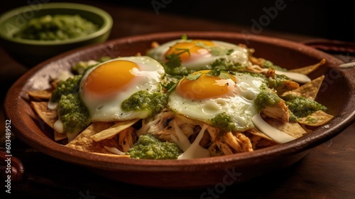 Mexican chilaquiles with fried egg, chicken and spicy green sauce Illustratio...