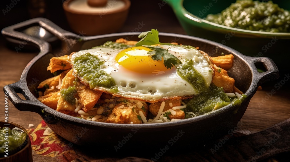 Mexican chilaquiles with fried egg, chicken and spicy green sauce Illustration AI Generative.