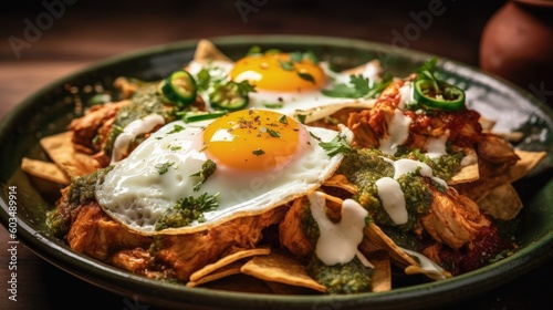 Mexican chilaquiles with fried egg, chicken and spicy green sauce Illustratio...