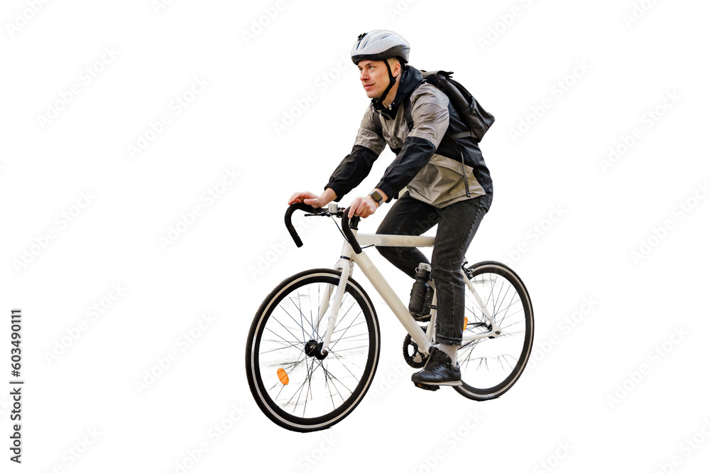 Cyclist courier guy fast food delivery to order, ecotransport, bag. Transparent background, png. Cyclist courier guy fast food delivery to order, ecotransport, bag. Transparent background, png.