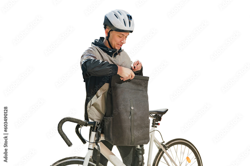 Naklejka premium Cyclist guy opens a bag, ecotransport. Transparent background, png.