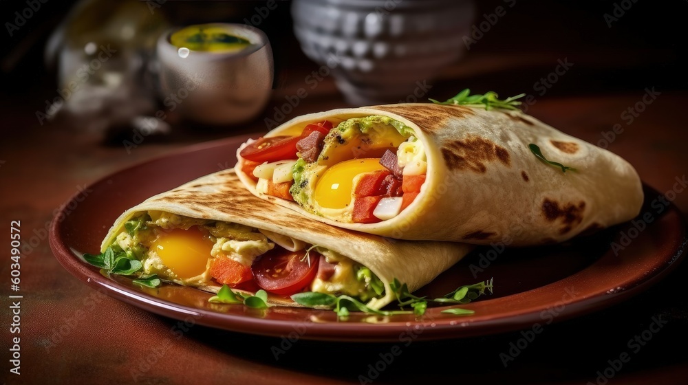 Breakfast tortilla wrap with omelet, beans and vegetables Illustration AI Generative Breakfast tortilla wrap with omelet, beans and vegetables Illustration AI Generative