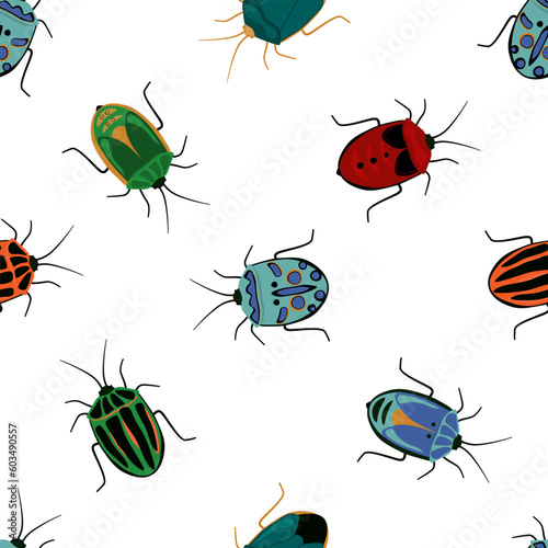 Seamless pattern with different insects, bug. Abstract beetles of different shapes and colors. Vector graphics.