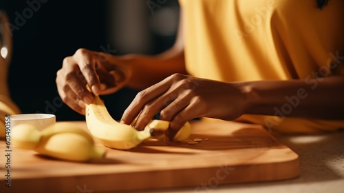 Woman Hands Cutting Banana on a Cutting Board Illustration AI Generative