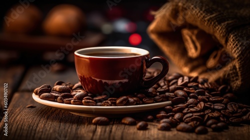 Coffee beans and a cup of black coffee on a wooden table Illustration AI Gene...