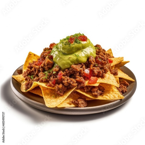 Corn chips nachos with fried minced meat and guacamole isolated Illustration ...