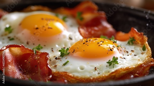 Fried eggs sunny side up on french baguette, ham Illustration AI Generative.
