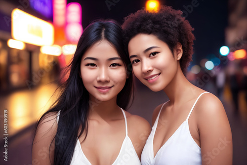 Portrait of a beautiful asian girls, city street as a background. Generative AI.