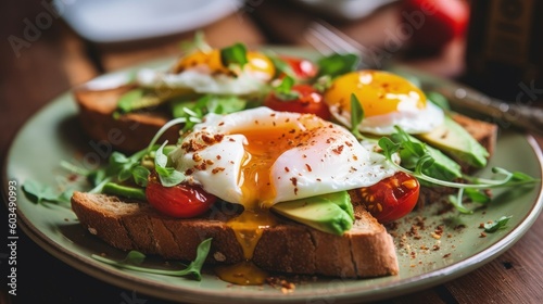 Avocado toast with roasted tomatoes and eggs Illustration AI Generative.