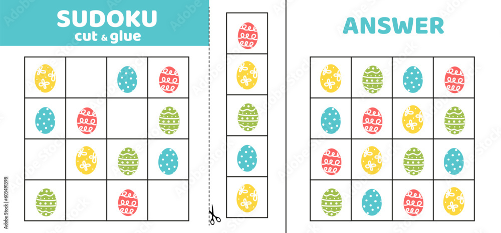 Easter sudoku with eggs. Game puzzle for kids. Cut and glue. Cartoon Easter sudoku with eggs. Game puzzle for kids. Cut and glue. Cartoon